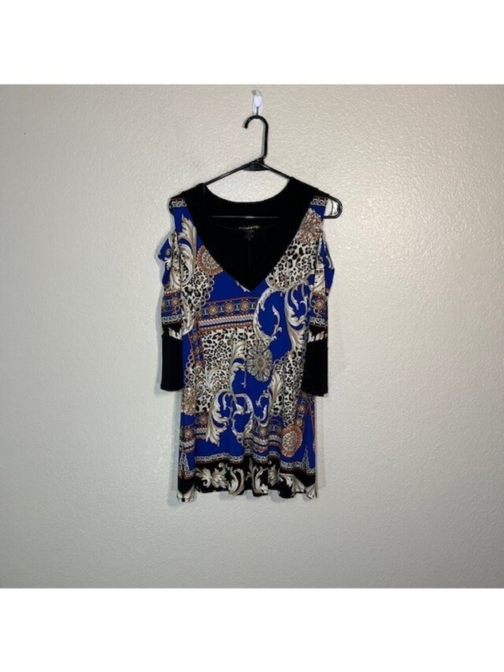 Eva Varro Top Womens Small Tunic Stretch Cold Shoulder Art Blouse Blue Black